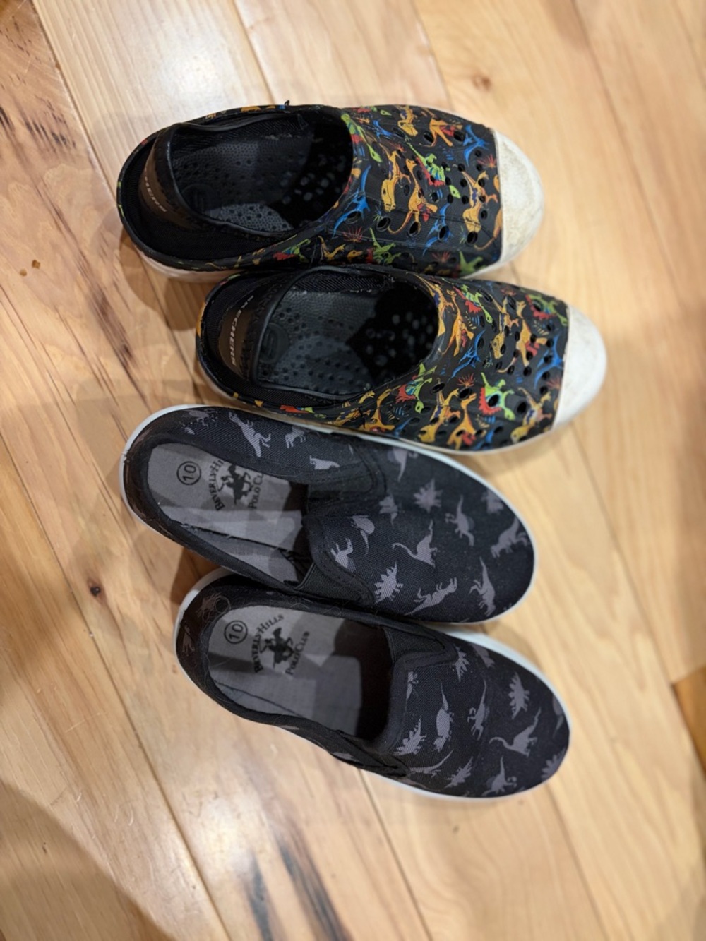 Pair of Kids dinosaur Slip-On Sneakers in Black and water shoe Multicolor